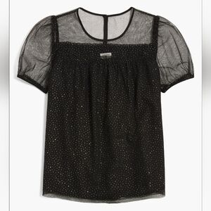 J. Crew Short Sleeve Elegant Black Sheer Blouse Top W Gold Polka Dots Size Med